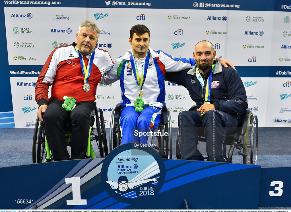15 August 2018; Medallists in the Men's 100m Breaststroke SB4 final event, from left, silver medallist Stephen Fuhrer of Switzerland, gold medallist Francesco Bocciardo of Italy, and bronze medallist Petr Andrysek of Czech Republic, during day three of the World Para Swimming Allianz European Championships at the Sport Ireland National Aquatic Centre in Blanchardstown, Dublin.  Photo by Seb Daly/Sportsfile
