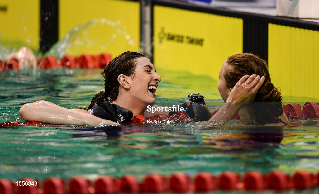 15 August 2018; Bethany Firth of Great Britain, left, celebrates with Jessica Applegate  also of Great Britain after Women's 100m Backstroke S14 Final event during day three of the World Para Swimming Allianz European Championships at the Sport Ireland National Aquatic Centre in Blanchardstown, Dublin. Photo by Seb Daly/Sportsfile