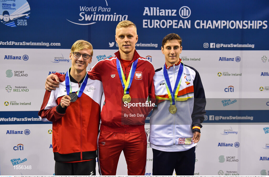 15 August 2018; Medallists in the Men's 50m Freestyle S8 final event, from left, silver medallist Joshua Grob of Switzerland, gold medallist Michal Golus of Poland, and bronze medallist Sergio Salvador Martos Minguet of Spain, during day three of the World Para Swimming Allianz European Championships at the Sport Ireland National Aquatic Centre in Blanchardstown, Dublin.  Photo by Seb Daly/Sportsfile