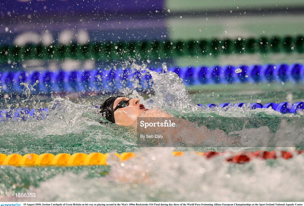 15 August 2018; Jordan Catchpole of Great Britain on his way to placing second in the Men's 100m Backstroke S14 Final during day three of the World Para Swimming Allianz European Championships at the Sport Ireland National Aquatic Centre in Blanchardstown, Dublin. Photo by Seb Daly/Sportsfile