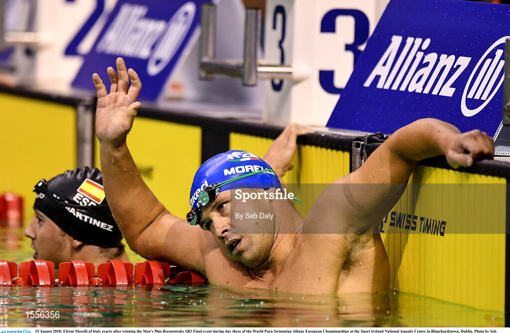 15 August 2018; Efrem Morelli of Italy reacts after winning the Men's 50m Breaststroke SB3 Final event during day three of the World Para Swimming Allianz European Championships at the Sport Ireland National Aquatic Centre in Blanchardstown, Dublin. Photo by Seb Daly/Sportsfile