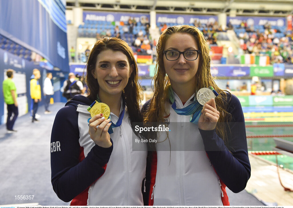15 August 2018; Gold medallist Bethany Firth of Great Britain, left, and silver medallist, Jessica-Jane Applegate of Great Britain with their medals from the Women's 100m Backstroke S14 final event during day three of the World Para Swimming Allianz European Championships at the Sport Ireland National Aquatic Centre in Blanchardstown, Dublin.  Photo by Seb Daly/Sportsfile