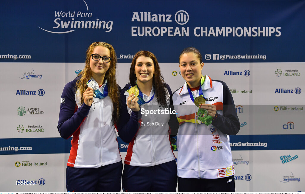 15 August 2018; Medallists in the Women's 100m Backstroke S14 final event, from left, silver medallist Jessica-Jane Applegate of Great Britain, gold medallist Bethany Firth of Great Britain, and bronze medallist Eva Coronado Tejeda of Spain, during day three of the World Para Swimming Allianz European Championships at the Sport Ireland National Aquatic Centre in Blanchardstown, Dublin.  Photo by Seb Daly/Sportsfile