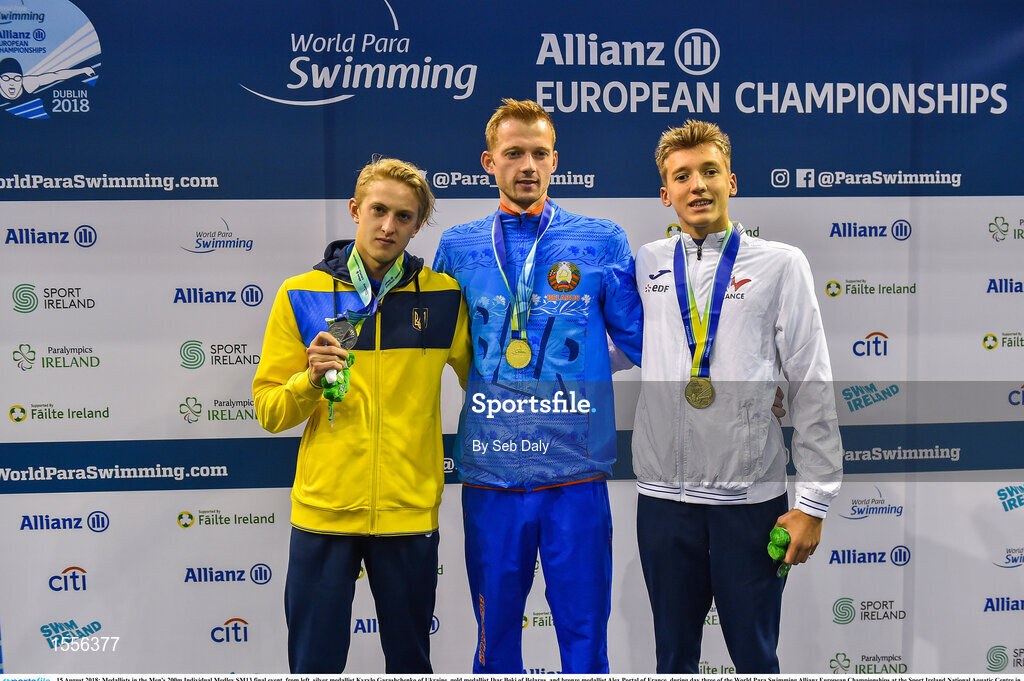 15 August 2018; Medallists in the Men's 200m Individual Medley SM13 final event, from left, silver medallist Kyrylo Garashchenko of Ukraine, gold medallist Ihar Boki of Belarus, and bronze medallist Alex Portal of France, during day three of the World Para Swimming Allianz European Championships at the Sport Ireland National Aquatic Centre in Blanchardstown, Dublin.  Photo by Seb Daly/Sportsfile