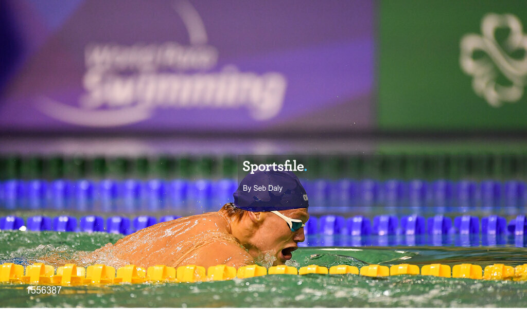 15 August 2018; Andreas Skaar Bjornstad of Norway on his way to finishing second during the Men's 100m Breaststroke SB6 final event during day three of the World Para Swimming Allianz European Championships at the Sport Ireland National Aquatic Centre in Blanchardstown, Dublin. Photo by Seb Daly/Sportsfile