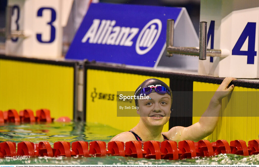 15 August 2018; Maisie Summers-Newton of Great Britain after winning and setting a new world record during the Women's 100m Breaststroke SB6 final event during day three of the World Para Swimming Allianz European Championships at the Sport Ireland National Aquatic Centre in Blanchardstown, Dublin. Photo by Seb Daly/Sportsfile