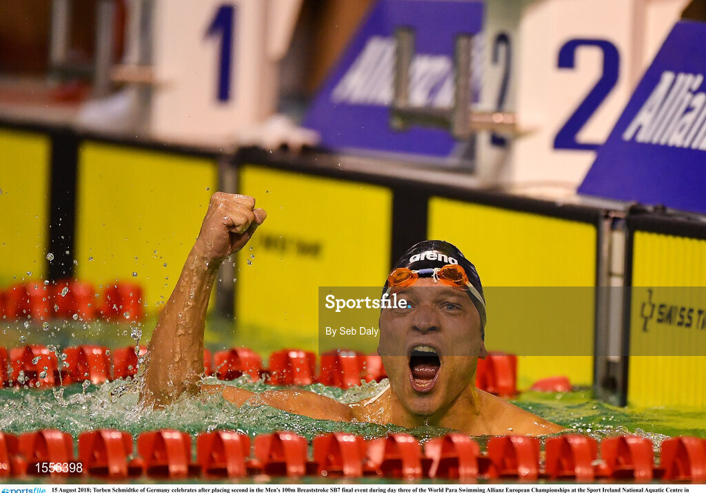 15 August 2018; Torben Schmidtke of Germany celebrates after placing second in the Men's 100m Breaststroke SB7 final event during day three of the World Para Swimming Allianz European Championships at the Sport Ireland National Aquatic Centre in Blanchardstown, Dublin. Photo by Seb Daly/Sportsfile