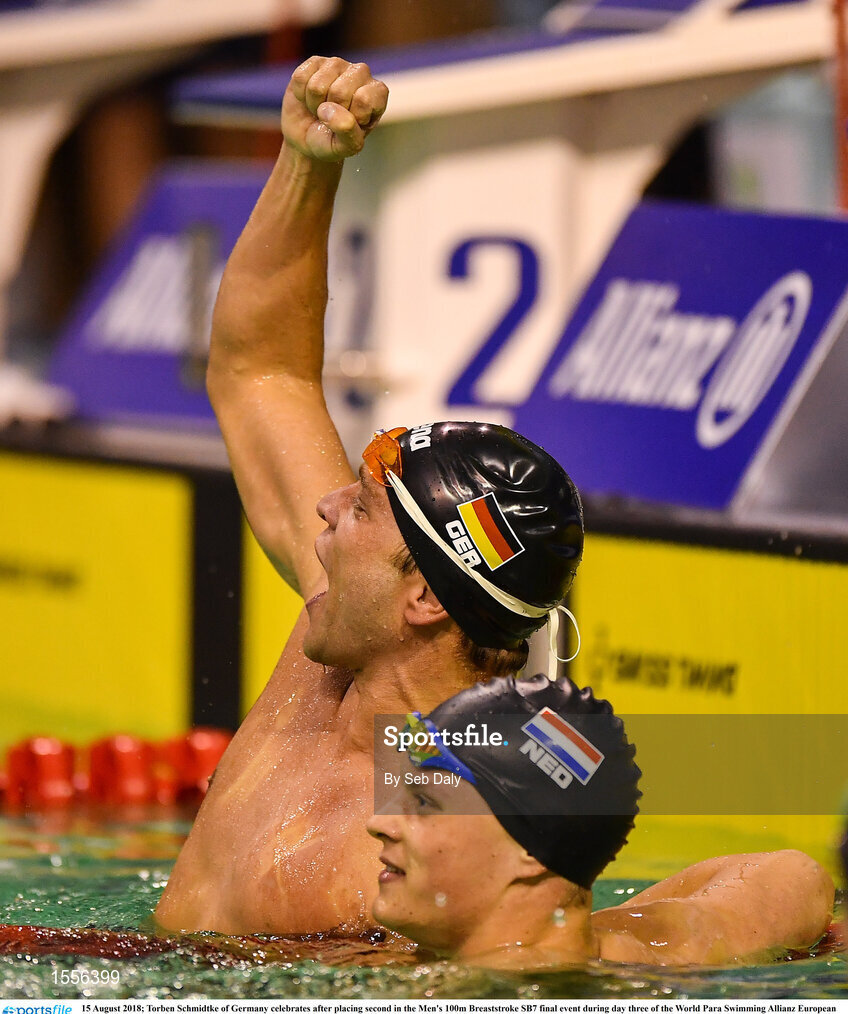15 August 2018; Torben Schmidtke of Germany celebrates after placing second in the Men's 100m Breaststroke SB7 final event during day three of the World Para Swimming Allianz European Championships at the Sport Ireland National Aquatic Centre in Blanchardstown, Dublin. Photo by Seb Daly/Sportsfile