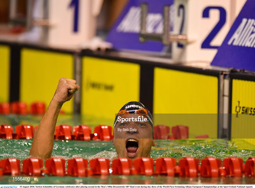 15 August 2018; Torben Schmidtke of Germany celebrates after placing second in the Men's 100m Breaststroke SB7 final event during day three of the World Para Swimming Allianz European Championships at the Sport Ireland National Aquatic Centre in Blanchardstown, Dublin. Photo by Seb Daly/Sportsfile
