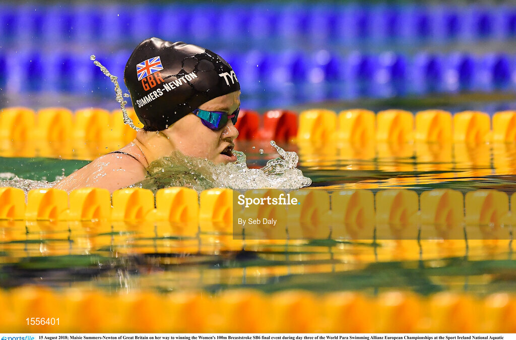 15 August 2018; Maisie Summers-Newton of Great Britain on her way to winning the Women's 100m Breaststroke SB6 final event during day three of the World Para Swimming Allianz European Championships at the Sport Ireland National Aquatic Centre in Blanchardstown, Dublin. Photo by Seb Daly/Sportsfile