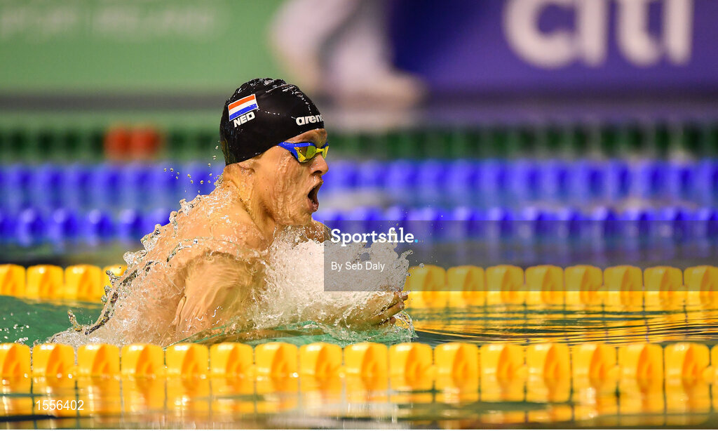 15 August 2018; Simon Boer of Netherlands on his way to winning the Men's 100m Breaststroke SB7 final event during day three of the World Para Swimming Allianz European Championships at the Sport Ireland National Aquatic Centre in Blanchardstown, Dublin. Photo by Seb Daly/Sportsfile