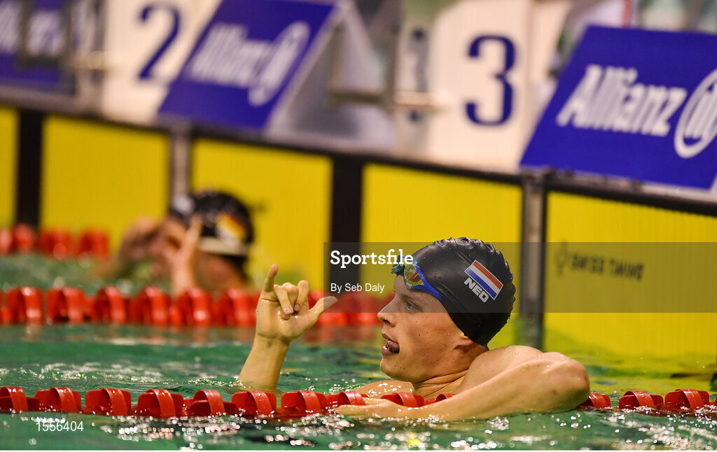 15 August 2018; Simon Boer of Netherlands celebrates after winning the Men's 100m Breaststroke SB7 final event during day three of the World Para Swimming Allianz European Championships at the Sport Ireland National Aquatic Centre in Blanchardstown, Dublin. Photo by Seb Daly/Sportsfile