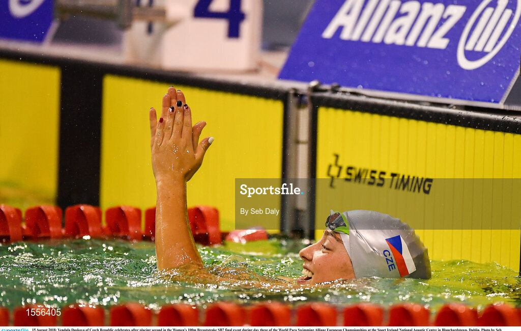 15 August 2018; Vendula Duskova of Czech Republic celebrates after placing second in the Women's 100m Breaststroke SB7 final event during day three of the World Para Swimming Allianz European Championships at the Sport Ireland National Aquatic Centre in Blanchardstown, Dublin. Photo by Seb Daly/Sportsfile