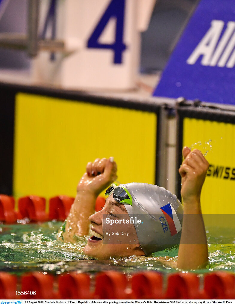 15 August 2018; Vendula Duskova of Czech Republic celebrates after placing second in the Women's 100m Breaststroke SB7 final event during day three of the World Para Swimming Allianz European Championships at the Sport Ireland National Aquatic Centre in Blanchardstown, Dublin. Photo by Seb Daly/Sportsfile