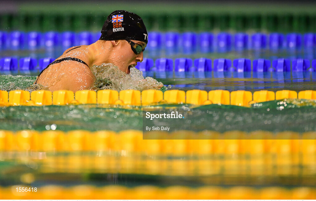 15 August 2018; Megan Richter of Great Britain on her way to finishing third in the Women's 100m Breaststroke SB7 final event during day three of the World Para Swimming Allianz European Championships at the Sport Ireland National Aquatic Centre in Blanchardstown, Dublin. Photo by Seb Daly/Sportsfile