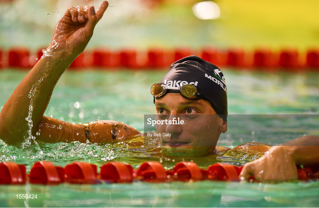 15 August 2018; Federico Morlacchi of Italy celebrates after winning the Men's 100m Butterfly S9 final event during day three of the World Para Swimming Allianz European Championships at the Sport Ireland National Aquatic Centre in Blanchardstown, Dublin. Photo by Seb Daly/Sportsfile