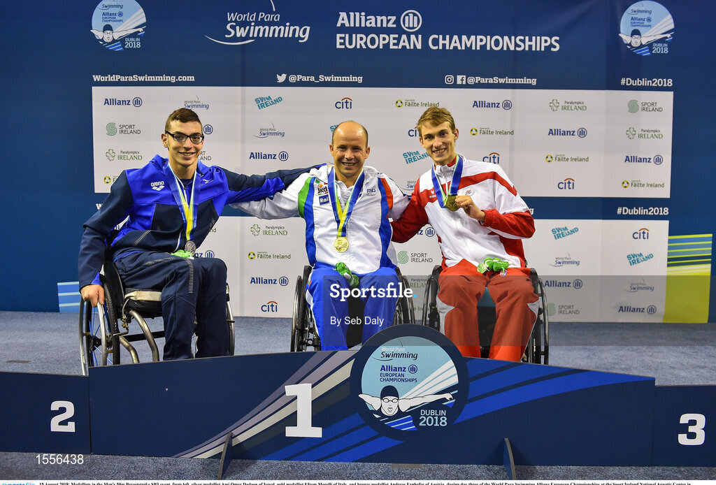 15 August 2018; Medallists in the Men's 50m Breaststroke SB3 event, from left, silver medallist Ami Omer Dadaon of Isreal, gold medallist Efrem Morelli of Italy, and bronze medallist Andreas Ernhofer of Austria, during day three of the World Para Swimming Allianz European Championships at the Sport Ireland National Aquatic Centre in Blanchardstown, Dublin.  Photo by Seb Daly/Sportsfile