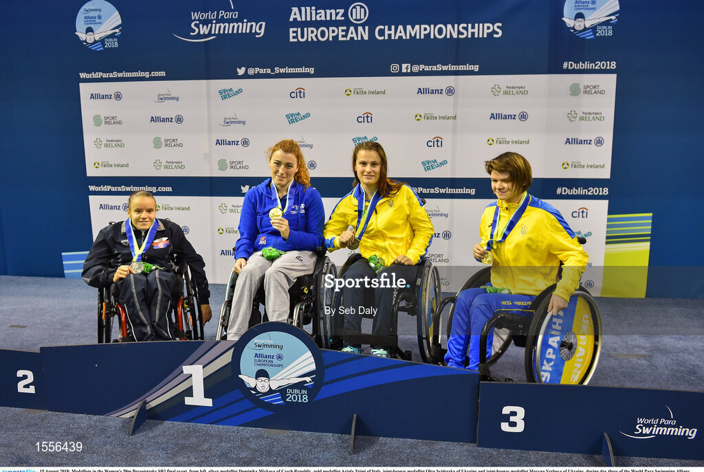 15 August 2018; Medallists in the Women's 50m Breaststroke SB3 final event, from left, silver medallist Dominika Mickova of Czech Republic, gold medallist Arjola Trimi of Italy, joint-bronze medallist Olga Sviderska of Ukraine and joint-bronze medallist Maryna Verbova of Ukraine, during day three of the World Para Swimming Allianz European Championships at the Sport Ireland National Aquatic Centre in Blanchardstown, Dublin.  Photo by Seb Daly/Sportsfile