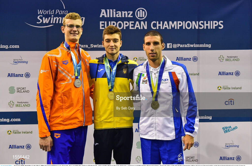 15 August 2018; Medallists in the Men's 400m Freestyle S10 final event, from left, silver medallist Bas Takken of Netherlands, gold medallist Maksym Krypak of Ukraine, and bronze medallist Stefano Raimondi of Italy, during day three of the World Para Swimming Allianz European Championships at the Sport Ireland National Aquatic Centre in Blanchardstown, Dublin.  Photo by Seb Daly/Sportsfile