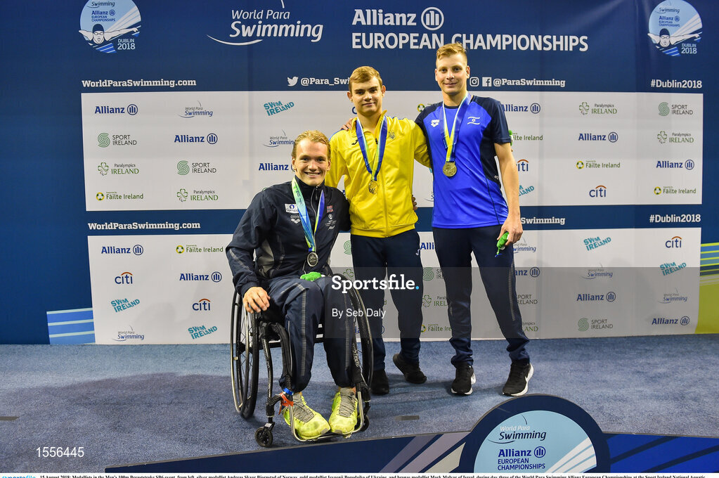 15 August 2018; Medallists in the Men's 100m Breaststroke SB6 event, from left, silver medallist Andreas Skaar Bjornstad of Norway, gold medallist Ievgenii Bogodaiko of Ukraine, and bronze medallist Mark Malyar of Isreal, during day three of the World Para Swimming Allianz European Championships at the Sport Ireland National Aquatic Centre in Blanchardstown, Dublin.  Photo by Seb Daly/Sportsfile