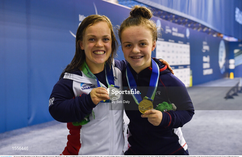 15 August 2018; Medallists in the Women's 100m Breaststroke SB6 final event, silver medallist Eleanor Simmonds of Great Britain, left, and gold medallist Maisie Summers-Newton of Great Britain during day three of the World Para Swimming Allianz European Championships at the Sport Ireland National Aquatic Centre in Blanchardstown, Dublin.  Photo by Seb Daly/Sportsfile