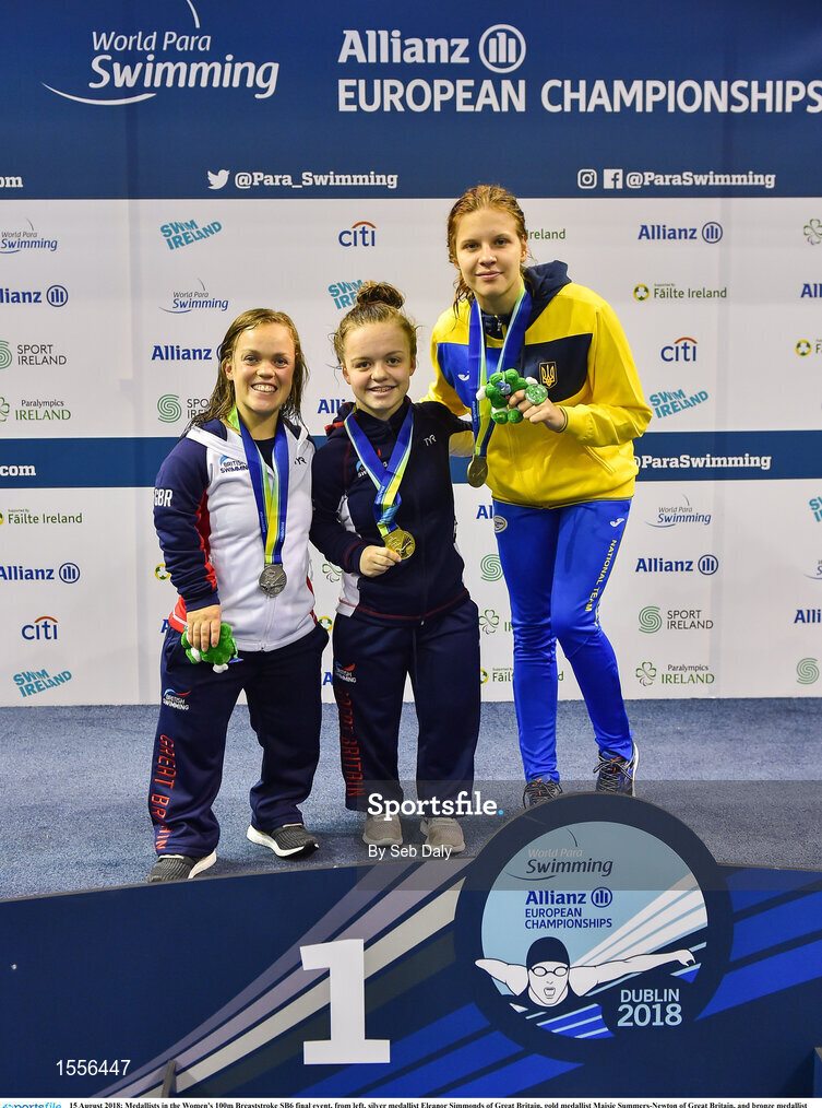 15 August 2018; Medallists in the Women's 100m Breaststroke SB6 final event, from left, silver medallist Eleanor Simmonds of Great Britain, gold medallist Maisie Summers-Newton of Great Britain, and bronze medallist Viktoriia Savtsova of Ukraine, during day three of the World Para Swimming Allianz European Championships at the Sport Ireland National Aquatic Centre in Blanchardstown, Dublin.  Photo by Seb Daly/Sportsfile