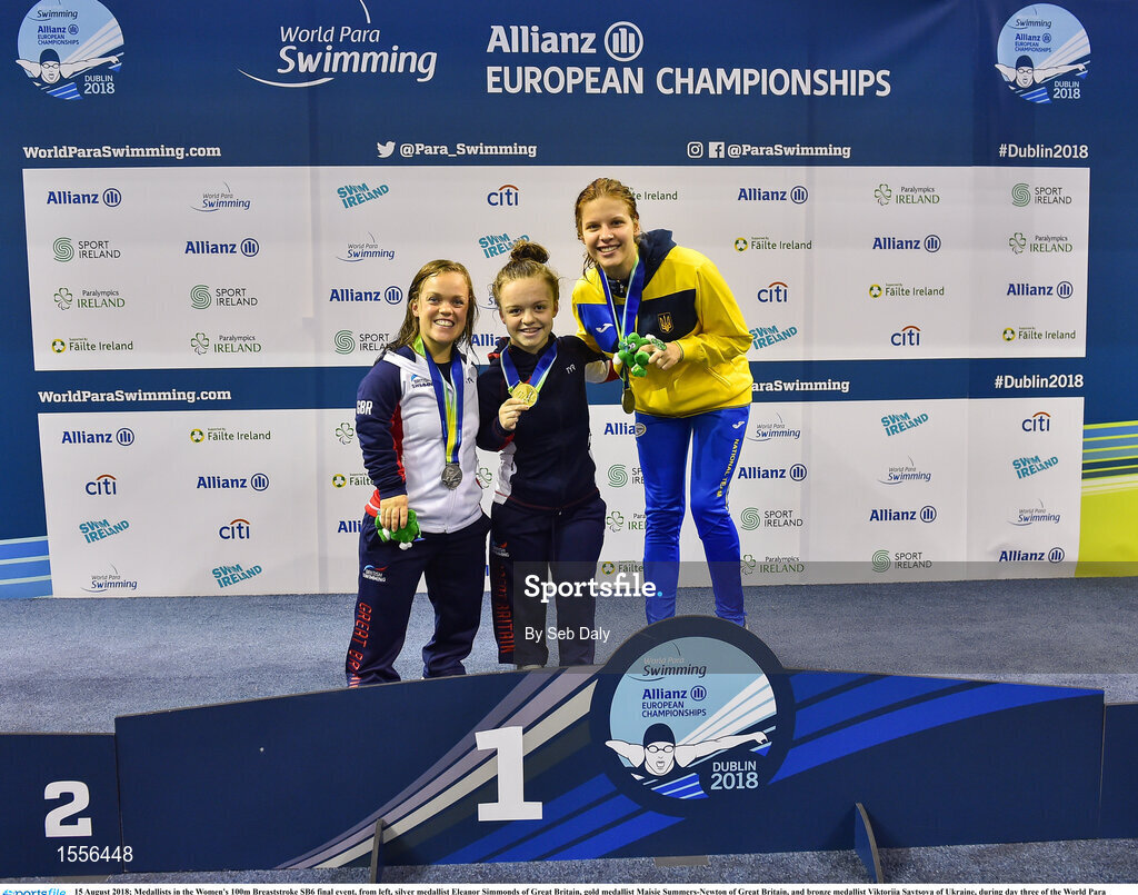 15 August 2018; Medallists in the Women's 100m Breaststroke SB6 final event, from left, silver medallist Eleanor Simmonds of Great Britain, gold medallist Maisie Summers-Newton of Great Britain, and bronze medallist Viktoriia Savtsova of Ukraine, during day three of the World Para Swimming Allianz European Championships at the Sport Ireland National Aquatic Centre in Blanchardstown, Dublin.  Photo by Seb Daly/Sportsfile