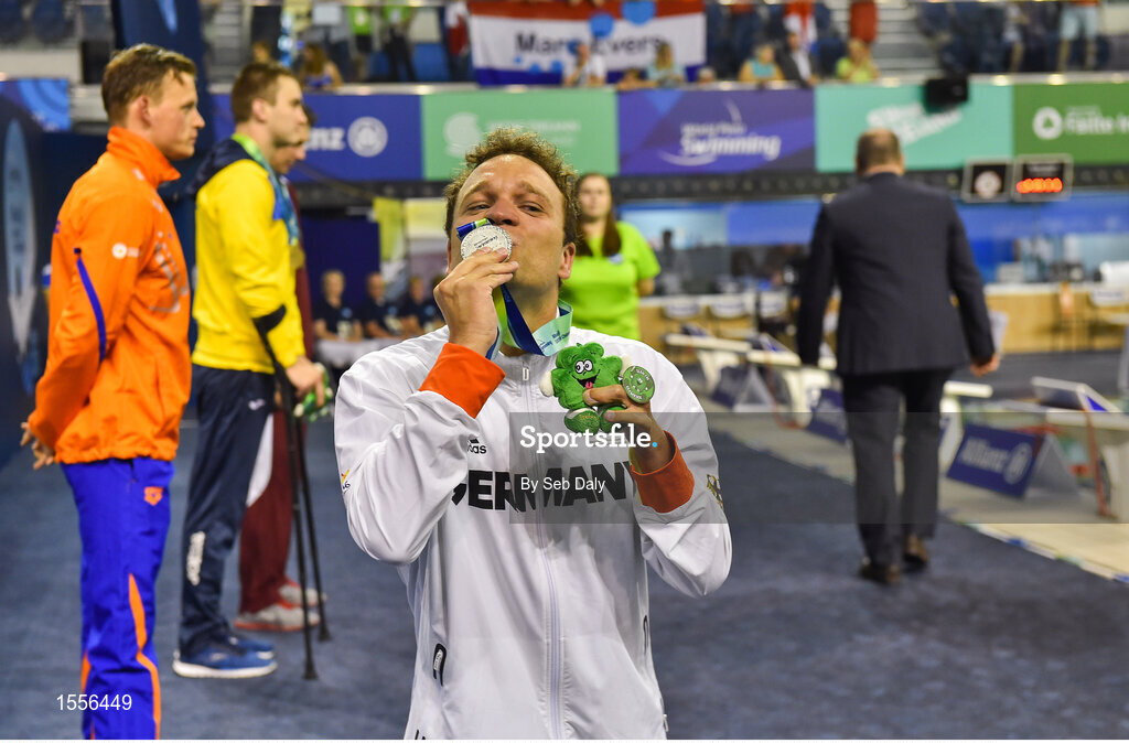 15 August 2018; Silver medallist in the Men's 100m Breaststroke SB7 final, Torben Schmidtke of Germany, celebrates with his medal during day three of the World Para Swimming Allianz European Championships at the Sport Ireland National Aquatic Centre in Blanchardstown, Dublin.  Photo by Seb Daly/Sportsfile