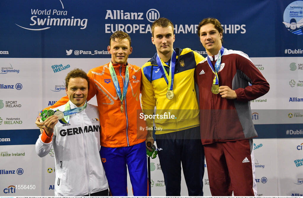 15 August 2018; Medallists in the Men's 100m Breaststroke SB7 final event, from left, silver medallist Torben Schmidtke of Germany, gold medallist Simon Boer of Netherlands, joint-bronze medallist Iurii Bozhynskyi of Ukraine and joint-bronze medallist Jurijs Semjonovs of Latvia, during day three of the World Para Swimming Allianz European Championships at the Sport Ireland National Aquatic Centre in Blanchardstown, Dublin.  Photo by Seb Daly/Sportsfile