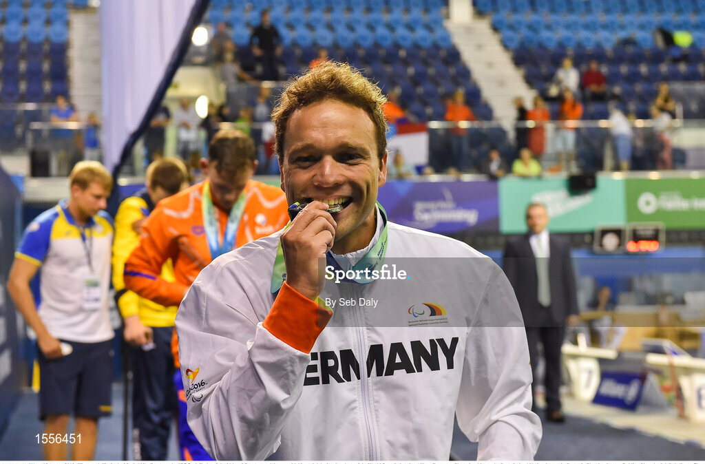 15 August 2018; Silver medallist in the Men's 100m Breaststroke SB7 final, Torben Schmidtke of Germany, celebrates with his medal during day three of the World Para Swimming Allianz European Championships at the Sport Ireland National Aquatic Centre in Blanchardstown, Dublin.  Photo by Seb Daly/Sportsfile