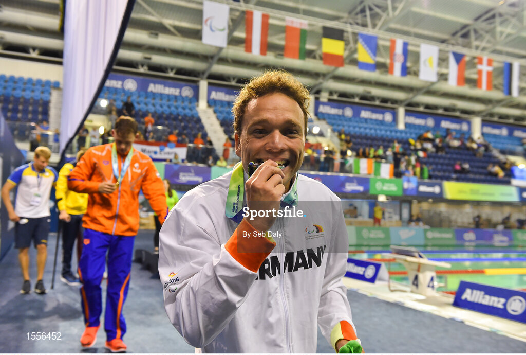15 August 2018; Silver medallist in the Men's 100m Breaststroke SB7 final, Torben Schmidtke of Germany, celebrates with his medal during day three of the World Para Swimming Allianz European Championships at the Sport Ireland National Aquatic Centre in Blanchardstown, Dublin.  Photo by Seb Daly/Sportsfile