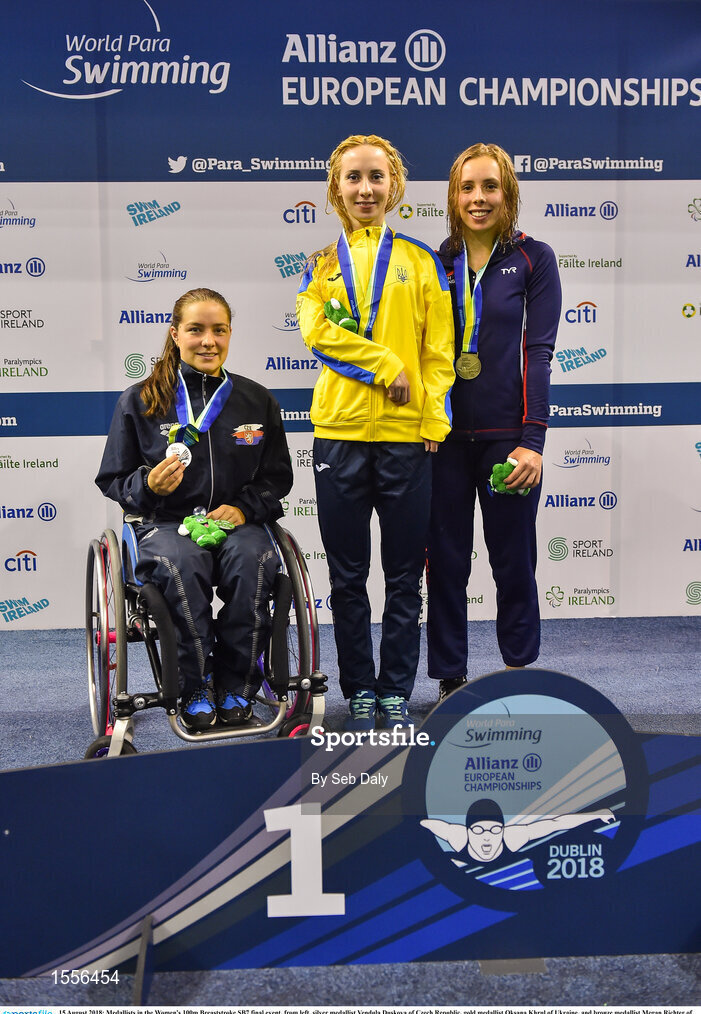 15 August 2018; Medallists in the Women's 100m Breaststroke SB7 final event, from left, silver medallist Vendula Duskova of Czech Republic, gold medallist Oksana Khrul of Ukraine, and bronze medallist Megan Richter of Great Britain, during day three of the World Para Swimming Allianz European Championships at the Sport Ireland National Aquatic Centre in Blanchardstown, Dublin.  Photo by Seb Daly/Sportsfile