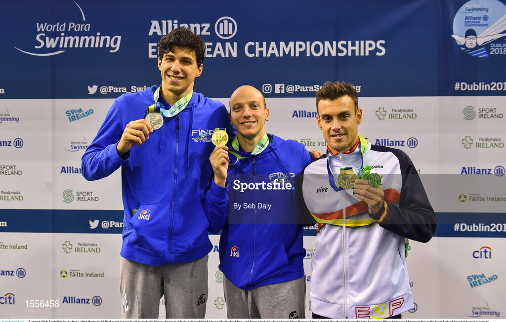 15 August 2018; Medallists in the Men's 100m Butterfly S9 final event, from left, silver medallist Simone Barlaam of Italy, gold medallist Federico Morlacchi of Italy, and bronze medallist Jose Antonio Mari Alcaraz of Spain, during day three of the World Para Swimming Allianz European Championships at the Sport Ireland National Aquatic Centre in Blanchardstown, Dublin.  Photo by Seb Daly/Sportsfile
