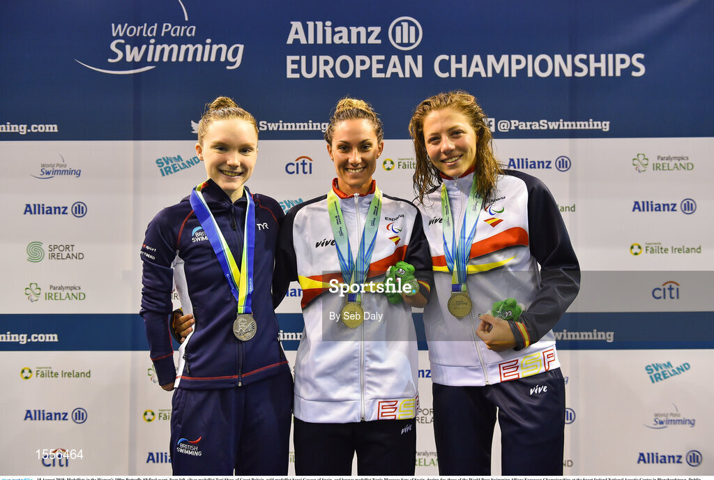 15 August 2018; Medallists in the Women's 100m Butterfly S9 final event, from left, silver medallist Toni Shaw of Great Britain, gold medallist Sarai Gascon of Spain, and bronze medallist Nuria Marques Soto of Spain, during day three of the World Para Swimming Allianz European Championships at the Sport Ireland National Aquatic Centre in Blanchardstown, Dublin.  Photo by Seb Daly/Sportsfile