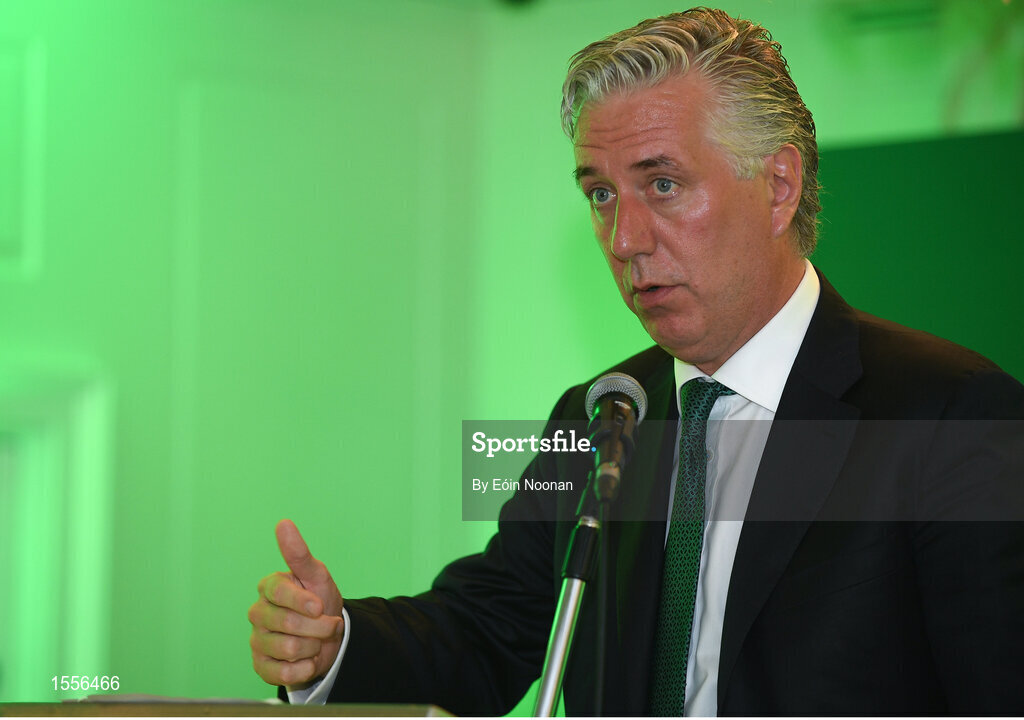 15 August 2018; John Delaney, CEO, Football Association of Ireland, speaking during the UEFA Pro Licence Graduation at the Rochestown Park Hotel in Rochestown Rd, Douglas, Co. Cork Photo by Eóin Noonan/Sportsfile