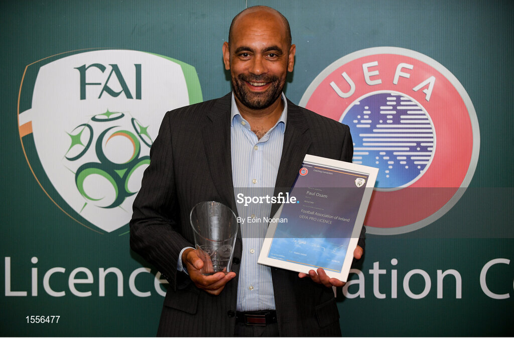 15 August 2018; Paul Osam with his certificate during the UEFA Pro Licence Graduation at the Rochestown Park Hotel in Rochestown Rd, Douglas, Co. Cork Photo by Eóin Noonan/Sportsfile