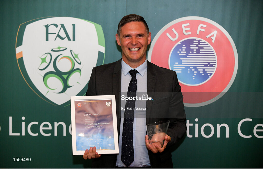 15 August 2018; Adrian Carberry with his certificate during the UEFA Pro Licence Graduation at the Rochestown Park Hotel in Rochestown Rd, Douglas, Co. Cork Photo by Eóin Noonan/Sportsfile