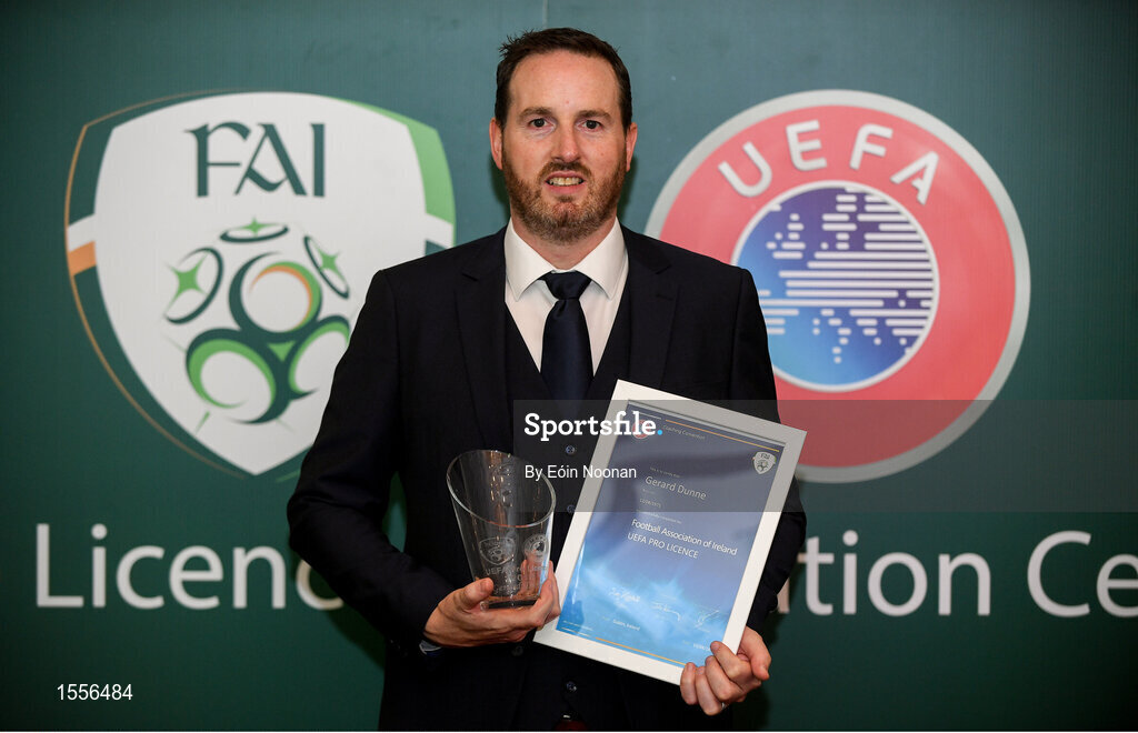 15 August 2018; Gerard Dunne with his certificate during the UEFA Pro Licence Graduation at the Rochestown Park Hotel in Rochestown Rd, Douglas, Co. Cork Photo by Eóin Noonan/Sportsfile