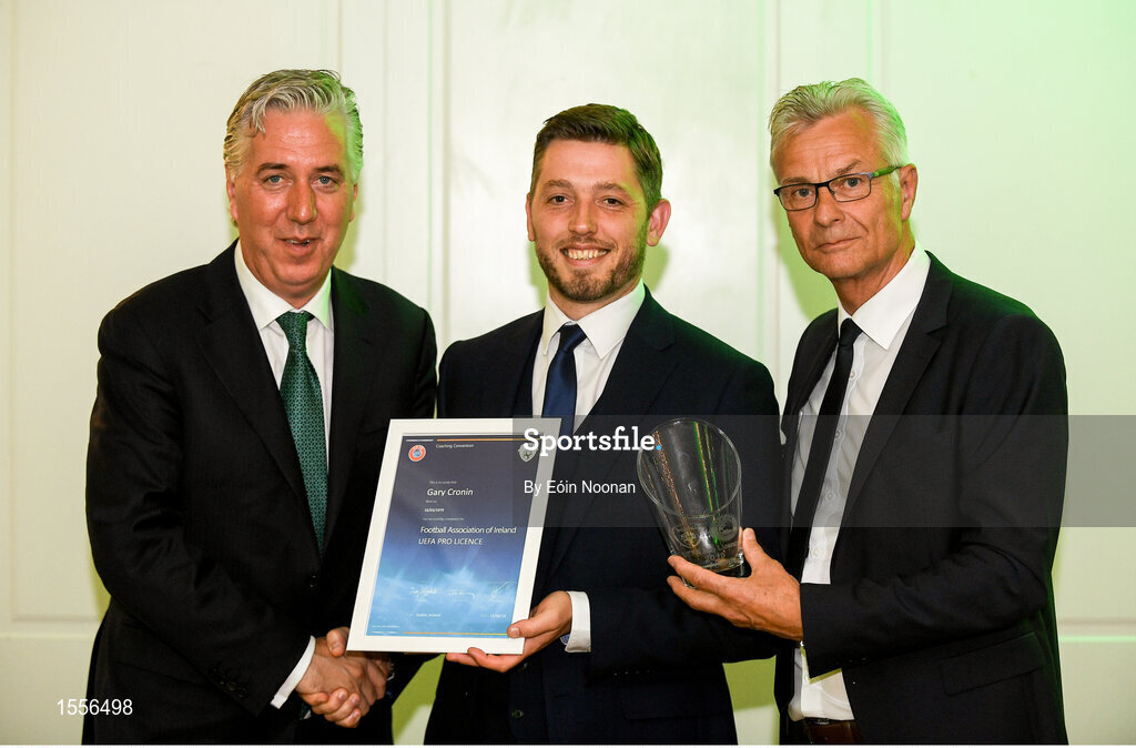 15 August 2018; Gary Cronin is presented with their certificate by John Delaney, left, CEO, Football Association of Ireland and Ruud Dokter, FAI High Performance Director, during the UEFA Pro Licence Graduation at the Rochestown Park Hotel in Rochestown Rd, Douglas, Co. Cork Photo by Eóin Noonan/Sportsfile