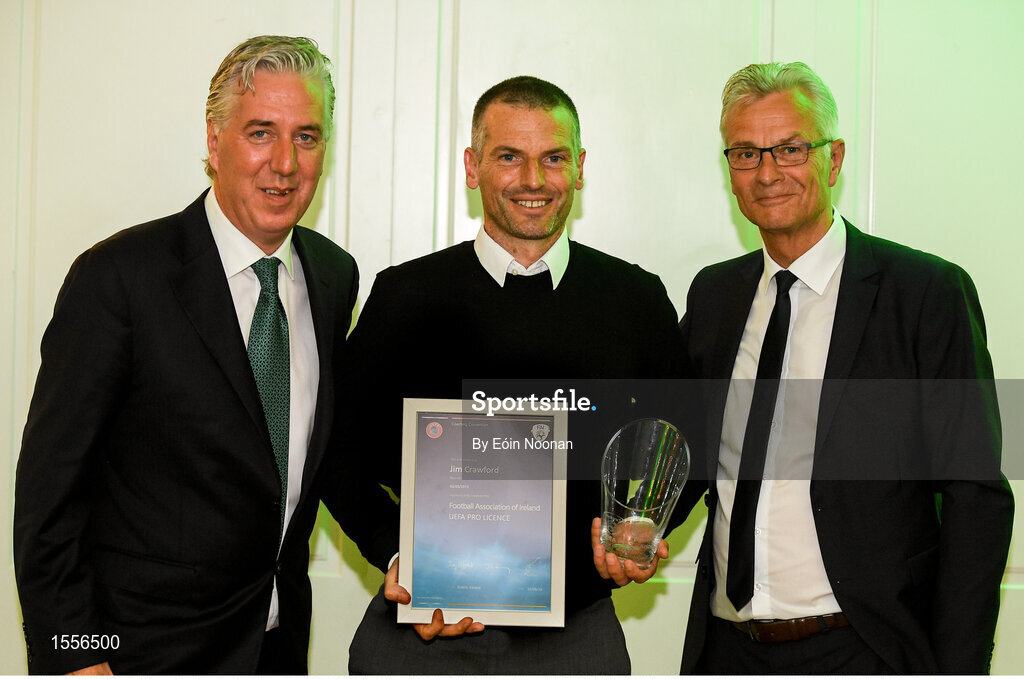 15 August 2018; Jim Crawford is presented with their certificate by John Delaney, left, CEO, Football Association of Ireland and Ruud Dokter, FAI High Performance Director, during the UEFA Pro Licence Graduation at the Rochestown Park Hotel in Rochestown Rd, Douglas, Co. Cork Photo by Eóin Noonan/Sportsfile
