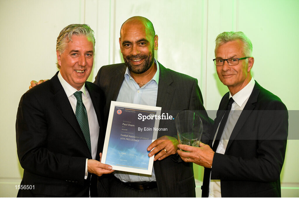 15 August 2018; Paul Osam is presented with their certificate by John Delaney, left, CEO, Football Association of Ireland and Ruud Dokter, FAI High Performance Director, during the UEFA Pro Licence Graduation at the Rochestown Park Hotel in Rochestown Rd, Douglas, Co. Cork Photo by Eóin Noonan/Sportsfile