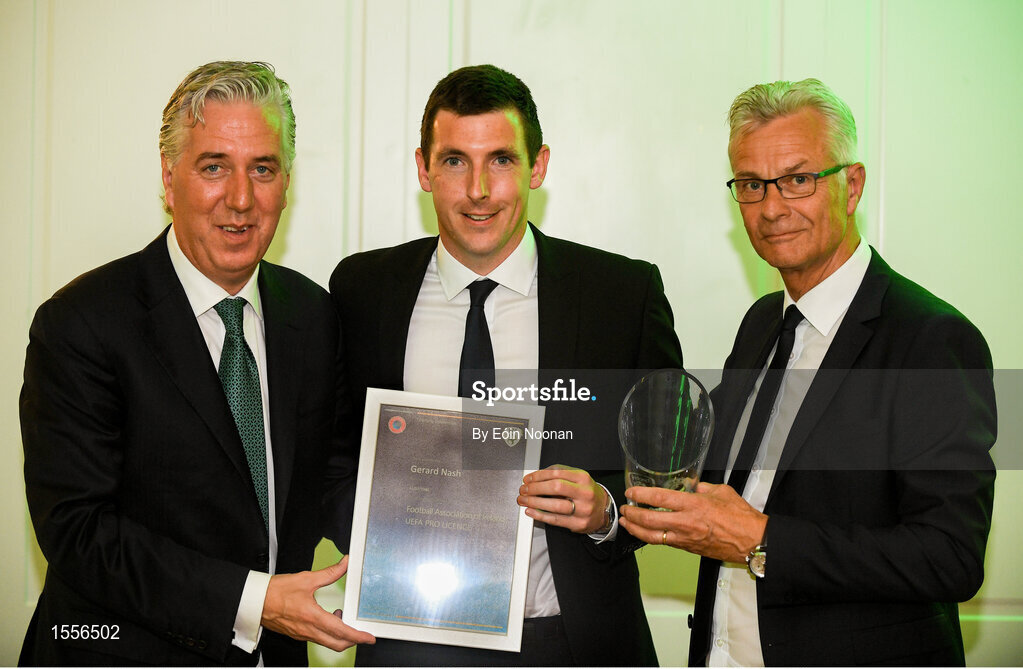 15 August 2018; Gerard Nash is presented with their certificate by John Delaney, left, CEO, Football Association of Ireland and Ruud Dokter, FAI High Performance Director, during the UEFA Pro Licence Graduation at the Rochestown Park Hotel in Rochestown Rd, Douglas, Co. Cork Photo by Eóin Noonan/Sportsfile