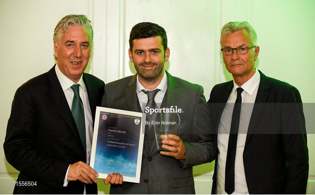15 August 2018; Tommy Barrett is presented with their certificate by John Delaney, left, CEO, Football Association of Ireland and Ruud Dokter, FAI High Performance Director, during the UEFA Pro Licence Graduation at the Rochestown Park Hotel in Rochestown Rd, Douglas, Co. Cork Photo by Eóin Noonan/Sportsfile