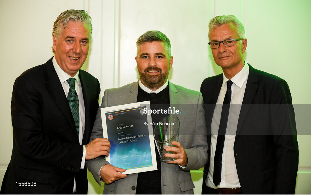 15 August 2018; Greg Yelverton is presented with their certificate by John Delaney, left, CEO, Football Association of Ireland and Ruud Dokter, FAI High Performance Director, during the UEFA Pro Licence Graduation at the Rochestown Park Hotel in Rochestown Rd, Douglas, Co. Cork Photo by Eóin Noonan/Sportsfile