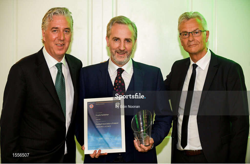 15 August 2018; Frank Kelleher is presented with their certificate by John Delaney, left, CEO, Football Association of Ireland and Ruud Dokter, FAI High Performance Director, during the UEFA Pro Licence Graduation at the Rochestown Park Hotel in Rochestown Rd, Douglas, Co. Cork Photo by Eóin Noonan/Sportsfile