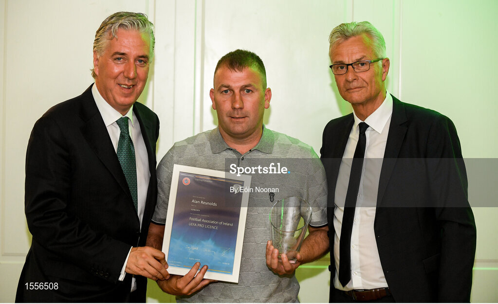 15 August 2018; Alan Reynolds is presented with their certificate by John Delaney, left, CEO, Football Association of Ireland and Ruud Dokter, FAI High Performance Director, during the UEFA Pro Licence Graduation at the Rochestown Park Hotel in Rochestown Rd, Douglas, Co. Cork Photo by Eóin Noonan/Sportsfile