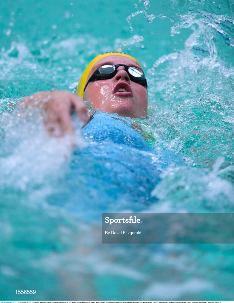 16 August 2018; Ida Wulf Andersson of Sweden competes in the heats of the Women's 100m Backstroke S7 event during day four of the World Para Swimming Allianz European Championships at the Sport Ireland National Aquatic Centre in Blanchardstown, Dublin. Photo by David Fitzgerald/Sportsfile