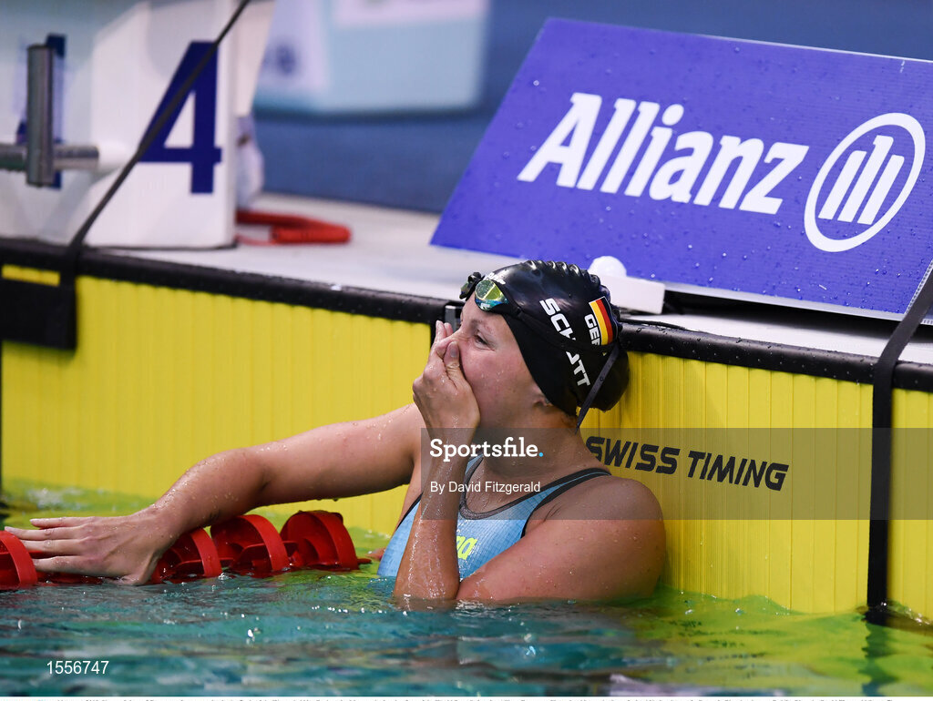16 August 2018; Verena Schott of Germany after competing in the finals of the Women's 100m Backstroke S6 event during day four of the World Para Swimming Allianz European Championships at the Sport Ireland National Aquatic Centre in Blanchardstown, Dublin. Photo by David Fitzgerald/Sportsfile