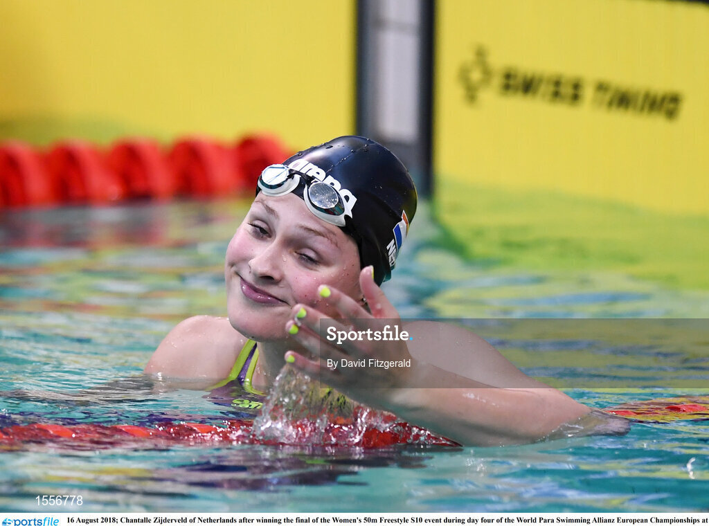 16 August 2018; Chantalle Zijderveld of Netherlands after winning the final of the Women's 50m Freestyle S10 event during day four of the World Para Swimming Allianz European Championships at the Sport Ireland National Aquatic Centre in Blanchardstown, Dublin. Photo by David Fitzgerald/Sportsfile