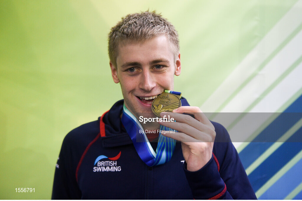 16 August 2018; Stephen Clegg of Great Britain with his Bronze medal following the Men's 100m Backstroke S12 Final during day four of the World Para Swimming Allianz European Championships at the Sport Ireland National Aquatic Centre in Blanchardstown, Dublin. Photo by David Fitzgerald/Sportsfile